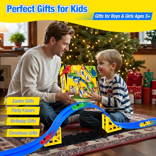 Flexible Race Track for Kids, Portable DIY Roll-Up Flex Race Car Tracks with Suction Cups Compatible with Hot Wheels & Diecast 1/64th Cars Stocking Stuffers for Boys Girls Ages 3 4 5 +