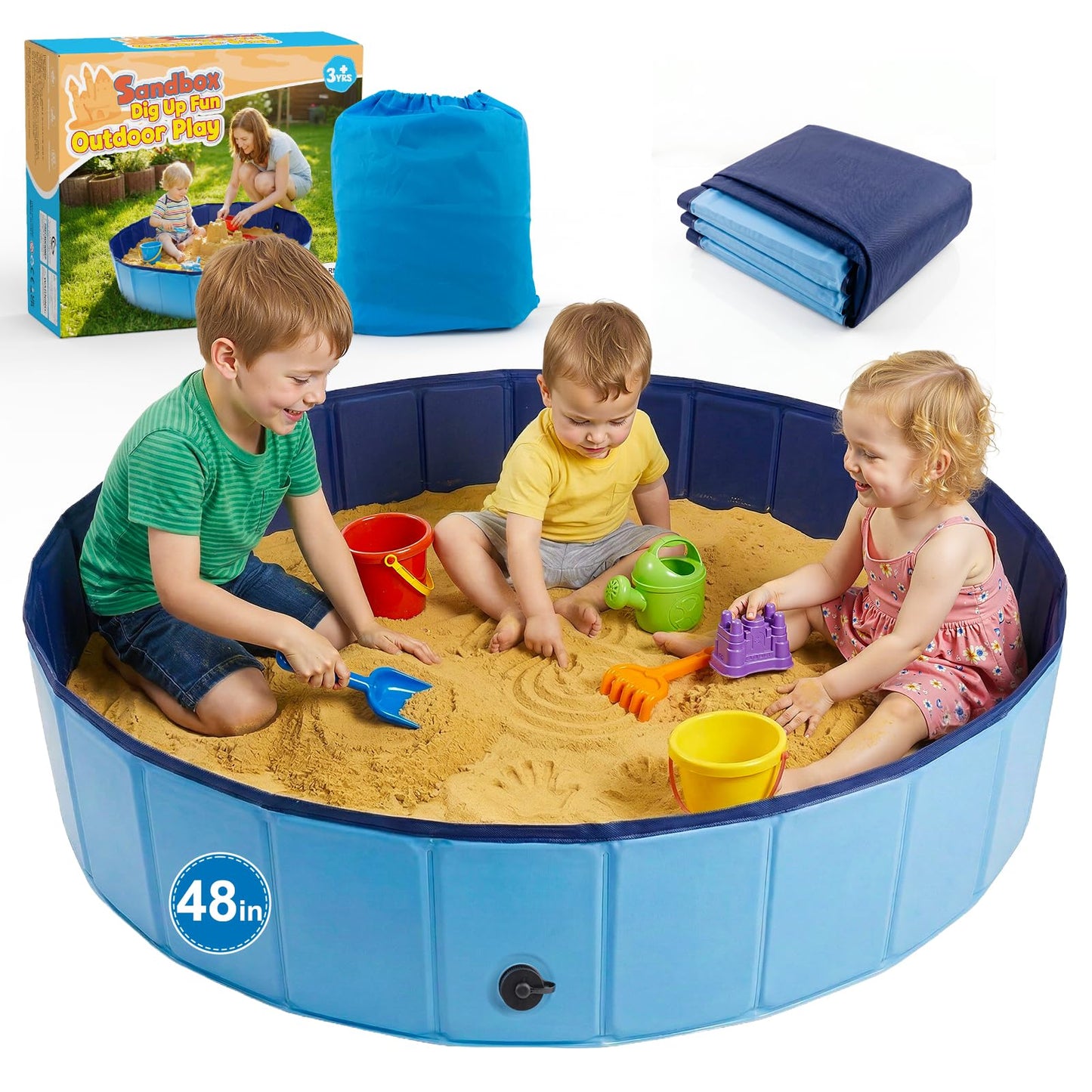 Aywewii Sandbox 48'' Extra Large Foldable Sand Box for Kids Ages 3-8, Portable Sand Pit for Indoor Outdoor Yard Park Camping Beach Toys, Easy Setup with Carry Bag & Drain Cap, Gifts for Boys & Girls