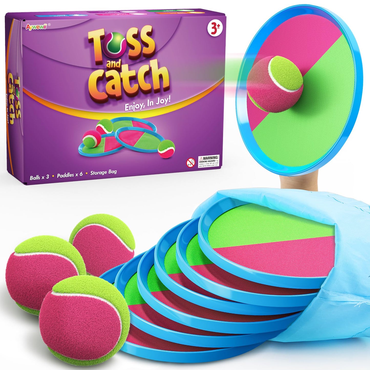 Aywewii Toss and Catch Ball Set Game Kids Outdoor Toys for Beach Pool Yard, Birthday Gift for Boy Girl Ages 3 4 5 6 7 8-12 Year Old, Outside Family Party Camping Games, 6 Paddles 3 Balls & Carry Bag