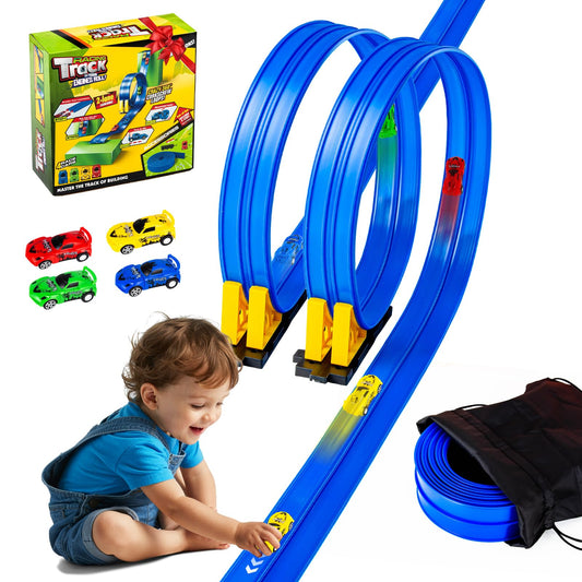 Flex Tracks 16.4 Ft Flexible Race Track for Kids Portable DIY Roll-Up Race Car Track Compatible with Diecast 1/64th Cars Birthday Gifts Easter Basket Stuffers for Kids for Boys Girls Ages 3+