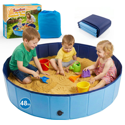 Aywewii Sandbox 48'' Extra Large Foldable Sand Box for Kids Ages 3-8, Portable Sand Pit for Indoor Outdoor Yard Park Camping Beach Toys, Easy Setup with Carry Bag & Drain Cap, Gifts for Boys & Girls
