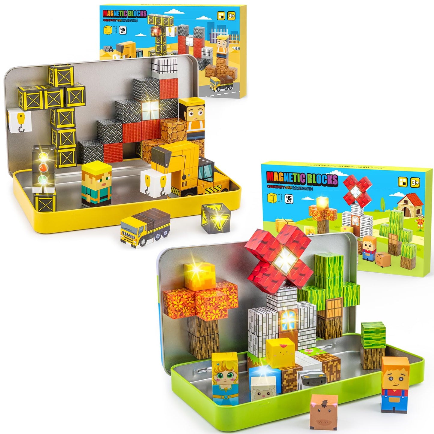 Aywewii Travel Magnetic Blocks 45 PCS Travel Games for Kids Ages 3-5, Magnet Building Cubes STEM Learning Set with Iron Case - Portable Building Toys for Boys and Girls