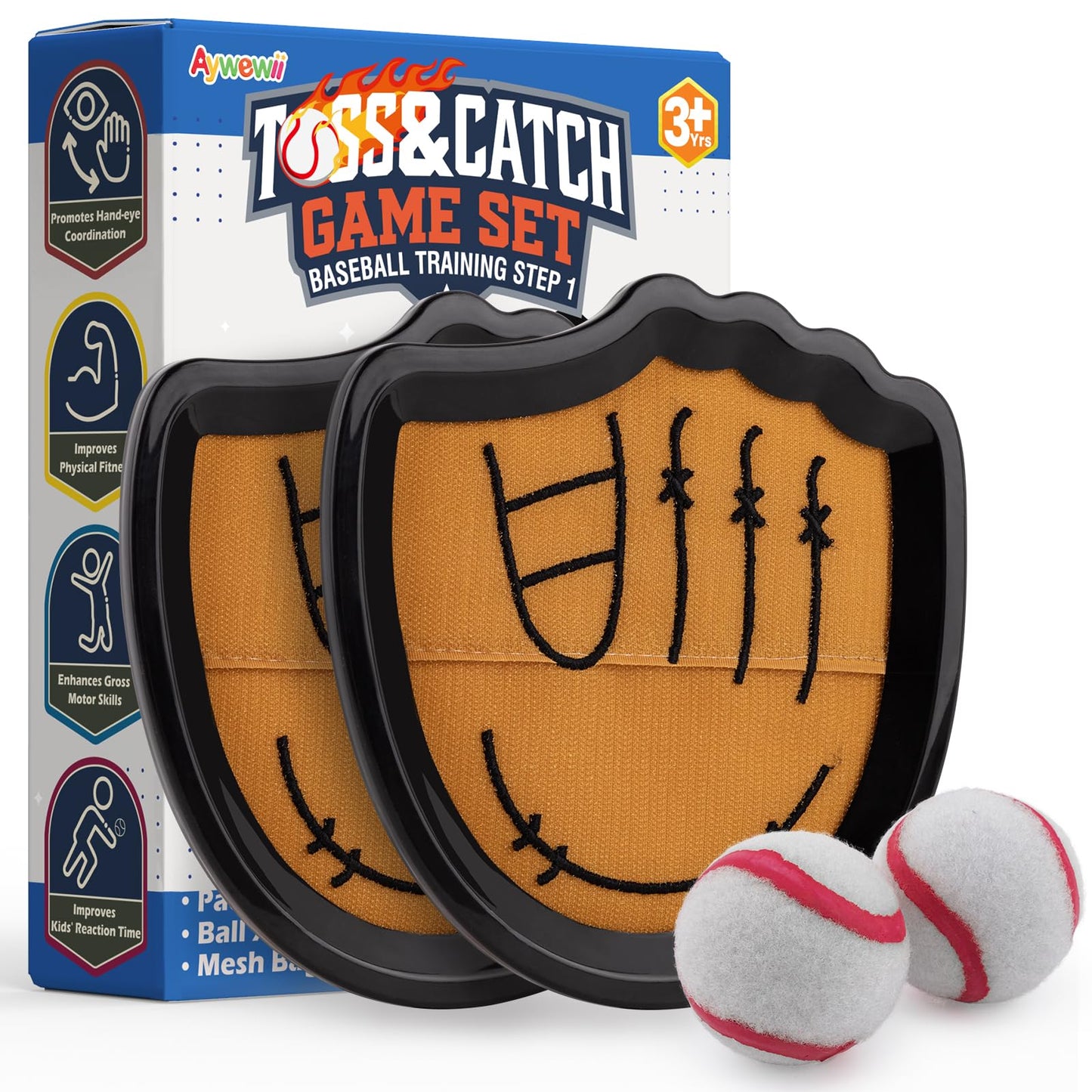 Aywewii Toss and Catch Ball Set Beginner Baseball Training Gloves Beach/Pool Toys Outdoor/Backyard Games for Toddlers and Kids Ages 3-8 Fun Gift for Boys and Girls (Black, 2 Paddles & 2 Balls)