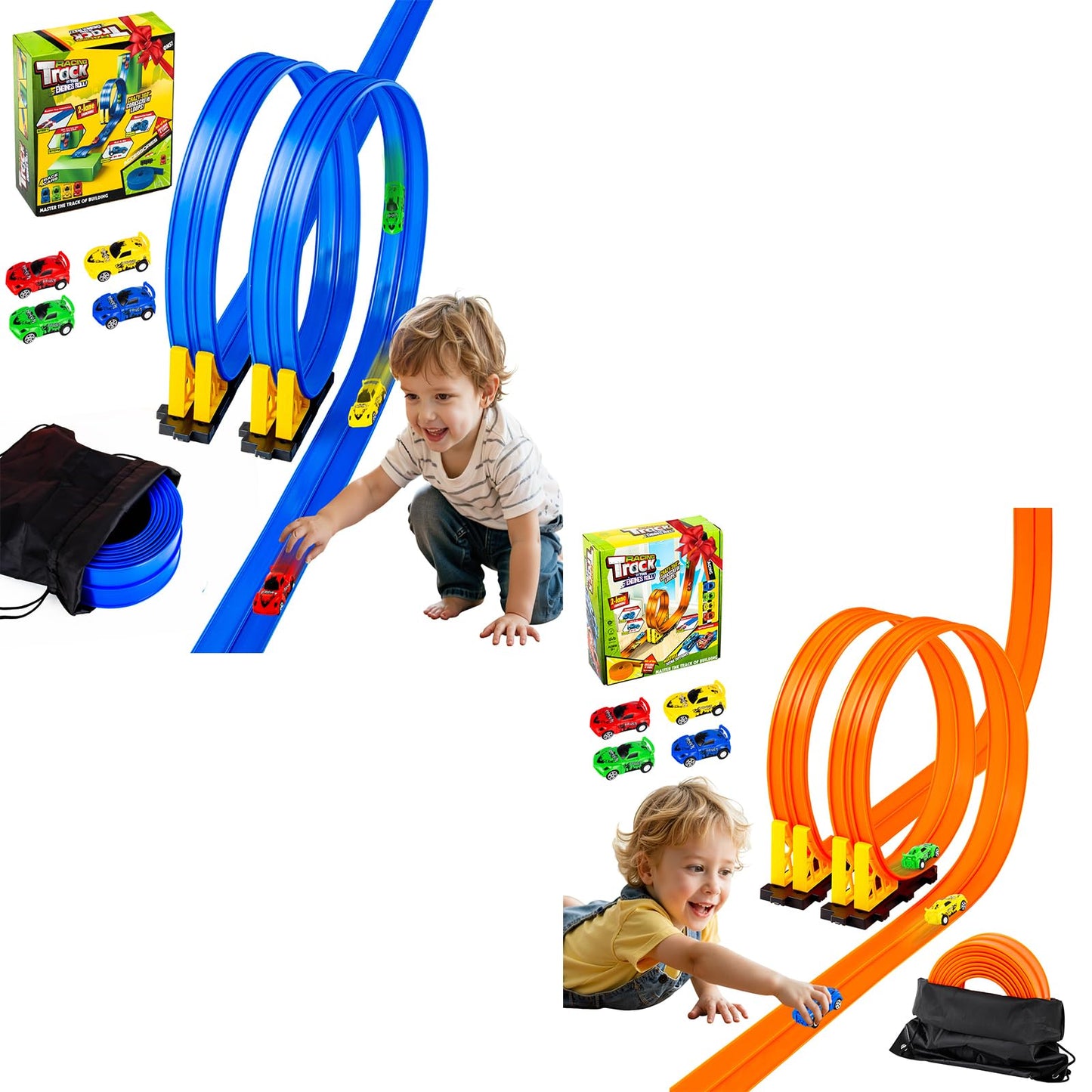Flexible Race Track for Kids, Portable DIY Roll-Up Flex Race Car Tracks with Suction Cups Compatible with Hot Wheels & Diecast 1/64th Cars Stocking Stuffers for Boys Girls Ages 3 4 5 +