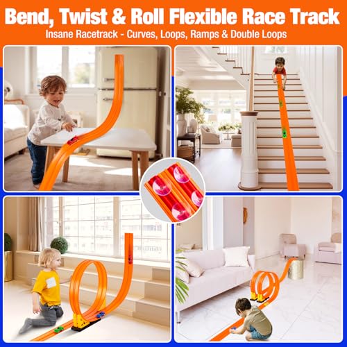 Flexible Race Track for Kids, Portable DIY Roll-Up Flex Race Car Tracks with Suction Cups Compatible with Hot Wheels & Diecast 1/64th Cars Stocking Stuffers for Boys Girls Ages 3 4 5 +