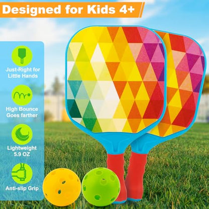 Outdoor Toys for Kids Pickleball Paddles - Outside Beach Yard Games Toy for Kid Ages 4-5-6-7-8-12 Year Old Boys & Girls Gifts, Balls Set of 2, Lightweight & Durable Grip for Small Hands, Beginner