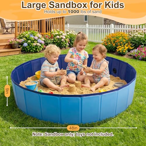 Aywewii Sandbox 48'' Extra Large Foldable Sand Box for Kids Ages 3-8, Portable Sand Pit for Indoor Outdoor Yard Park Camping Beach Toys, Easy Setup with Carry Bag & Drain Cap, Gifts for Boys & Girls