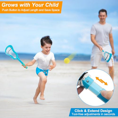 Outdoor Toys Adjustable Kid Lacrosse Stick Set Ball - Toddler Outside Beach Pool Yard Game & Toy for Ages 3+ 4 5 6 7 8 Year Old Boy & Girl Gift for Kids, with Lightweight Easy-Catch & Full Size Basket