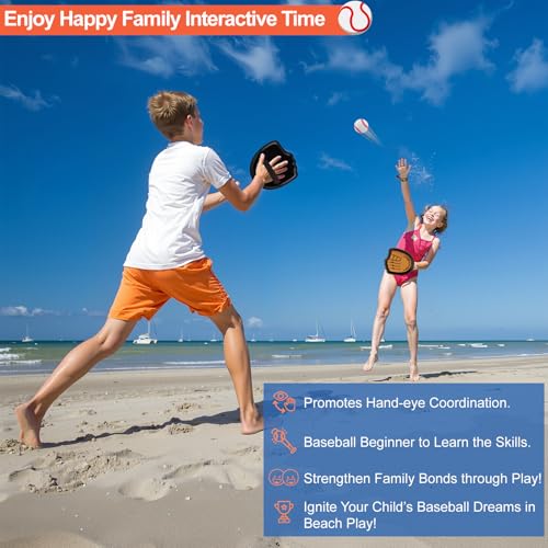 Aywewii Toss and Catch Ball Set Beginner Baseball Training Gloves Beach/Pool Toys Outdoor/Backyard Games for Toddlers and Kids Ages 3-8 Fun Gift for Boys and Girls (Black, 2 Paddles & 2 Balls)