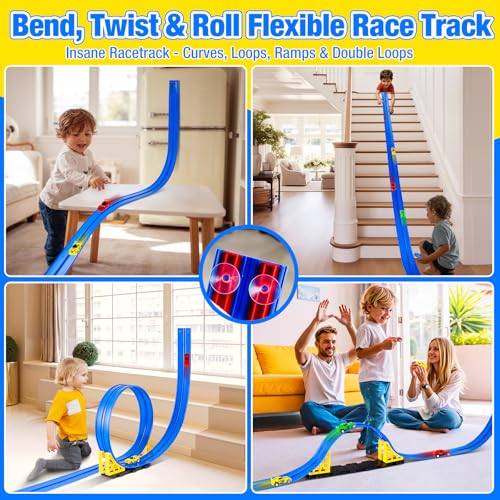 Flex Tracks 16.4 Ft Flexible Race Track for Kids Portable DIY Roll-Up Race Car Track Compatible with Diecast 1/64th Cars Birthday Gifts Easter Basket Stuffers for Kids for Boys Girls Ages 3+