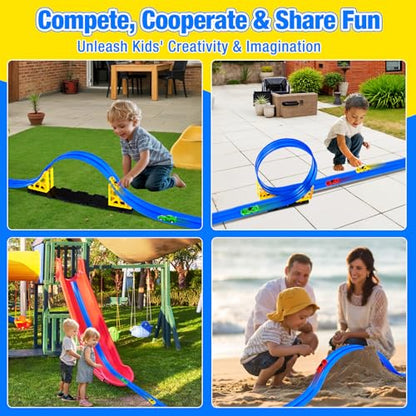 Flexible Race Track for Kids, Portable DIY Roll-Up Flex Race Car Tracks with Suction Cups Compatible with Hot Wheels & Diecast 1/64th Cars Stocking Stuffers for Boys Girls Ages 3 4 5 +