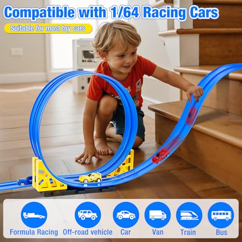 Flexible Race Track for Kids, Portable DIY Roll-Up Flex Race Car Tracks with Suction Cups Compatible with Hot Wheels & Diecast 1/64th Cars Stocking Stuffers for Boys Girls Ages 3 4 5 +