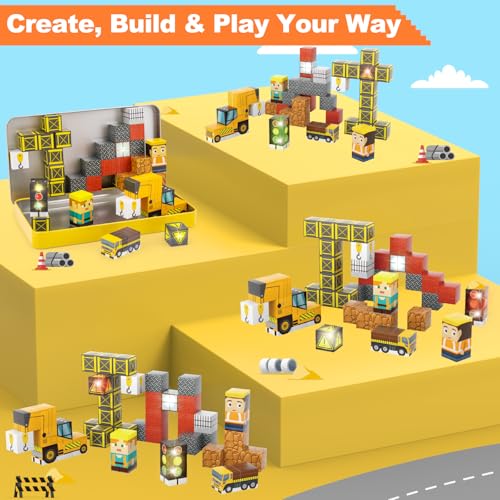 Aywewii Travel Magnetic Blocks 45 PCS Travel Toys for Kids Ages 3-5, Magnet Building Cubes STEM Learning Set with Iron Case - Portable Building Toys for Boys and Girls (Construction Edition 1)