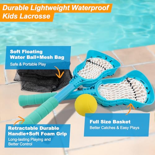 Outdoor Toys Adjustable Kid Lacrosse Stick Set Ball - Toddler Outside Beach Pool Yard Game & Toy for Ages 3+ 4 5 6 7 8 Year Old Boy & Girl Gift for Kids, with Lightweight Easy-Catch & Full Size Basket