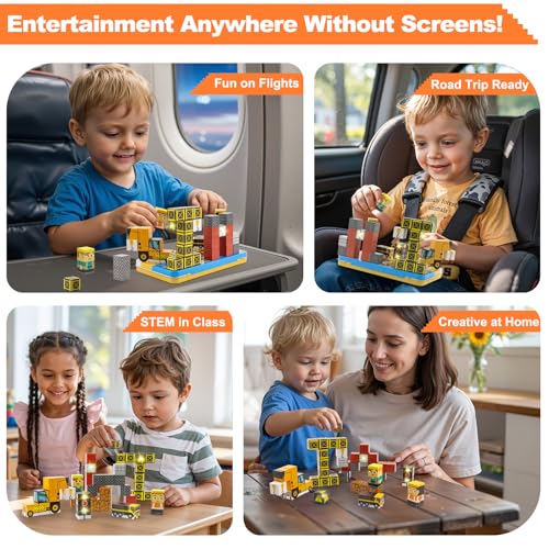 Aywewii Travel Magnetic Blocks 45 PCS Travel Toys for Kids Ages 3-5, Magnet Building Cubes STEM Learning Set with Iron Case - Portable Building Toys for Boys and Girls (Construction Edition 1)